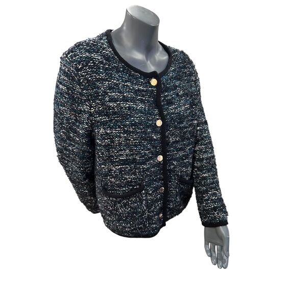 Ann Taylor Tweed Gold button up Blazer Jacket black green white Size Large NEW - Picture 1 of 14